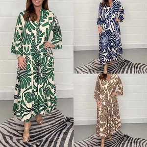 Vestido largo de manga larga con cuello en V y estampado floral en verde, azul y marrón