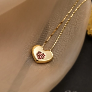 18K gold plated heart pendant necklace featuring a vibrant red zircon stone for women