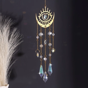 Crystal Sun Catcher Golden Metal Moon Sun Stars Hanging Ornament Rainbow Maker For Window Outdoor Garden Boho Decor