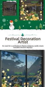 Detail of green and gold Christmas window decals with Merry Christmas text and festive motifs