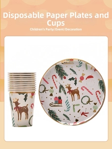 Detailed view of disposable Christmas tableware with golden edges and festive reindeer prints