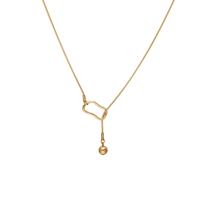 Minimalist gold sweater necklace with geometric hollow oval link and polished bead pendant