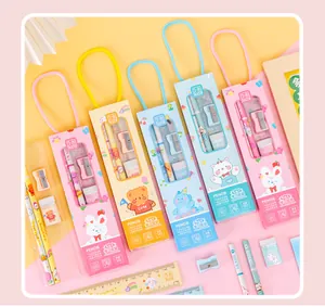 Detailed view of a 5-in-1 stationery set featuring cute cartoon pencils and ruler