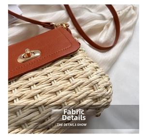 Close-up of woven straw texture and brown lychee leather flap with golden metal clasp