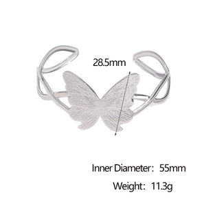 Detailed view of silver butterfly bangle with 28.5mm height and 55mm inner diameter