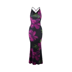 Detail view of floral long dress with crisscross back straps and purple flower print