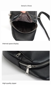 Detail view of the black leather waist bag showing internal space and high-quality zipper