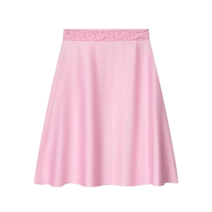 Sexy pink satin A-line skirt with high waist lace trim on a clean white background