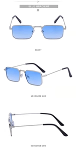 Detailed multi-angle view of silver square metal sunglasses with blue gradient lenses