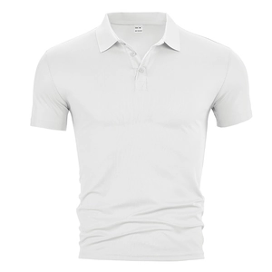 Close-up of white polo shirt neckline showing size M and 100% polyester mesh fabric detail