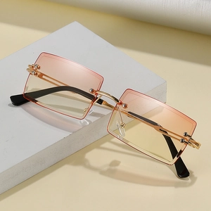 Rimless Rectangle Sunglasses Gradient Lenses Metal Hollow Temples Fashion UV Protection Streetwear Eyewear For Men Women