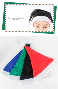 Detailed comparison of multi-color non-woven Santa hats for adults in red, black, green and blue