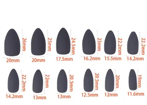 Size guide for pointed press-on nails showing 12 different matte gray nail tip dimensions
