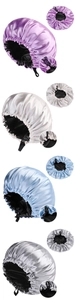 Detail view of satin sleep bonnets in four colors with adjustable drawstring feature