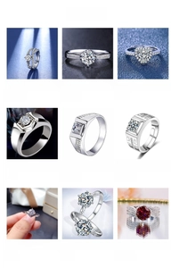 Collage of assorted diamond rings in various settings like six-prong and heart shapes.