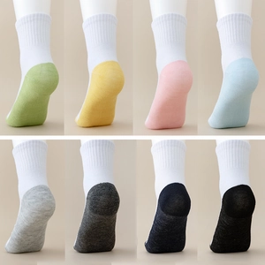 Macro shot showing eight pairs of breathable mesh kids' socks with colorful heel designs