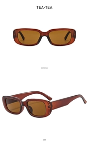 Detailed views showing front and side profile of tea-colored square frame sunglasses
