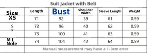 Size chart for slim fit blazer with belt detailing measurements in centimeters and weight