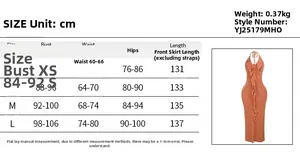 Size chart showing bust, waist, and hip measurements for the ruffled backless maxi dress