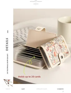 Detail view of the floral card holder showing 20 clear PVC card slots and retro pattern