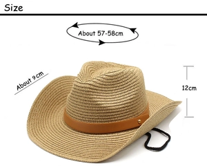 Dimensioni dettagliate del cappello da cowboy in paglia con tesa da 9cm e corda