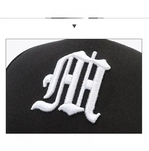 Detailed view of high-quality white gothic letter M 3D embroidery on black baseball cap