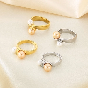 French style gold and silver stainless steel rings with white and champagne pearls
