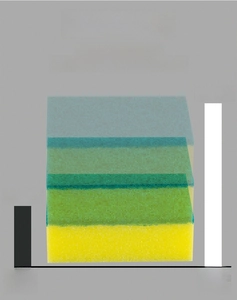 Close-up of double-sided dish sponge with green scouring pad and yellow sponge layers