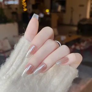 Glossy amber brown translucent long coffin press-on nails with mirror finish