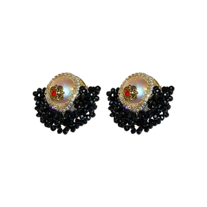 Baroque vintage flower earrings with white pearl red gemstone and black faceted beads