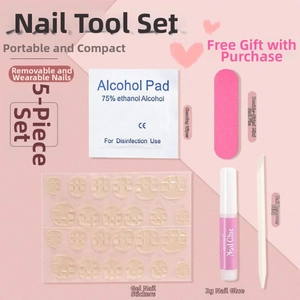 5-piece manicure prep kit with glue, adhesive tabs, nail file, wood stick, and alcohol pad