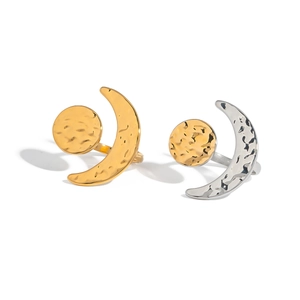 Minimalist sun and moon open rings in gold and silver with a hammered metal texture