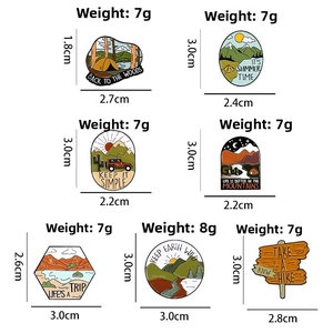 Set of 7 outdoor camping enamel pins featuring tents and mountains with dimensions