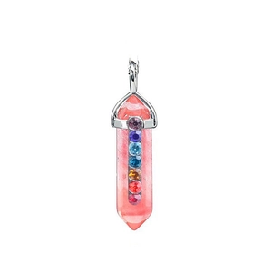 Pink hexagonal crystal column pendant with silver clasp and colorful seven chakra rhinestones
