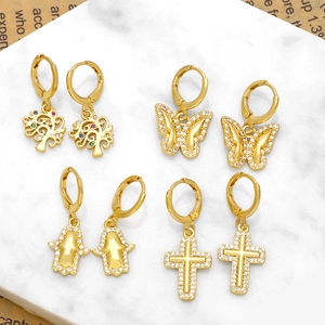 Orecchini Pendenti Farfalla Croce Albero Della Vita Mano Di Fatima Rame Placcato Oro Con Zircone Per Donna