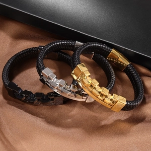 Three-piece set of men's hip hop braided leather bracelets with gold, silver, and black metal clasps