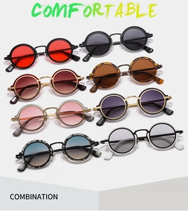 Detailed collection of vintage round punk sunglasses in eight diverse color combinations
