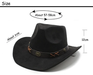 Detail view of black faux suede cowboy hat featuring leather band and ox head metal emblem