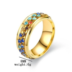 Vue détaillée d'une bague rotative en titane doré de 8 mm avec cristaux colorés