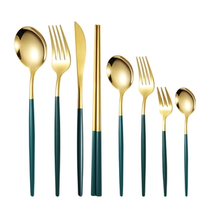 8-piece stainless steel cutlery set with dark green handles and golden finish on white back