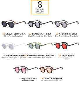 Detailed grid display of small square punk sunglasses in eight varied color combinations