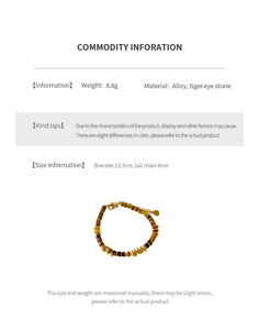 Detailed specs of tiger eye stone bead bracelet with alloy lobster clasp and chain
