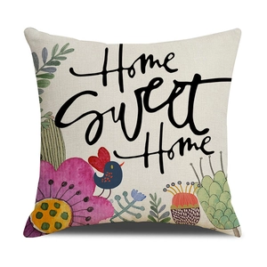 Linen decorative pillow cover with colorful flowers, birds, and Home Sweet Home text