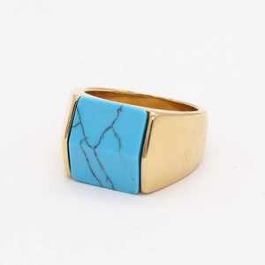 Men's vintage golden stainless steel square blue turquoise signet ring on white background