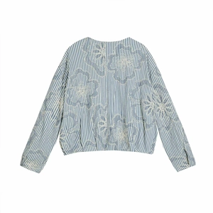 Flat lay of blue striped long sleeve jacket with white floral embroidery on the back
