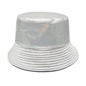 Detailed close-up of iridescent holographic silver fisherman bucket hat with sequins