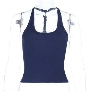 Detailed close-up of dark blue ribbed knit fabric on a racerback tank top vest