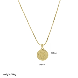18k gold plated brass Taurus zodiac coin necklace with 26.5mm dimensions and box chain