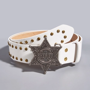 White punk style leather belt with double gold studs and star sheriff buckle