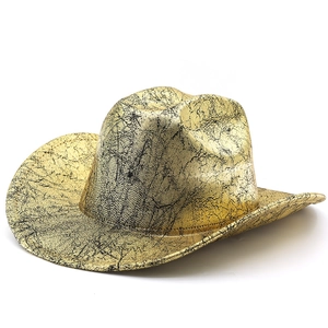 Golden western cowboy hat with vintage black cracked texture and wide brim style